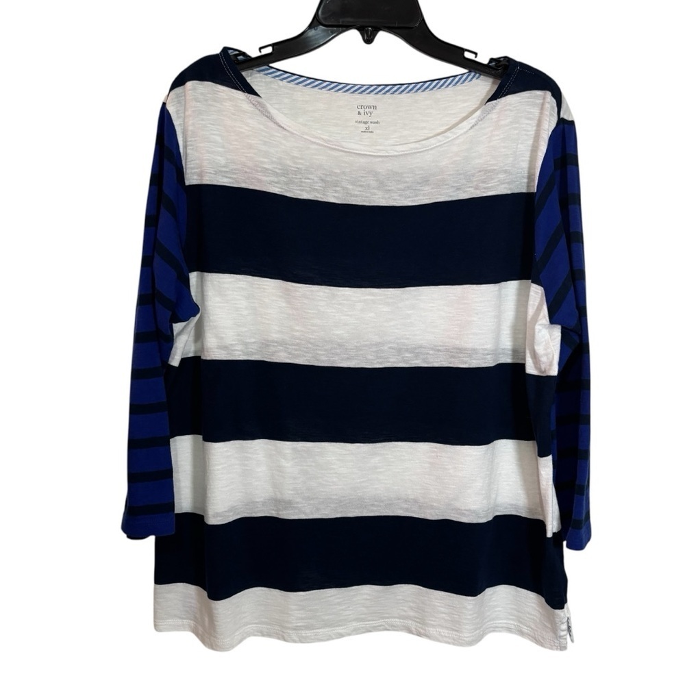 Crown & Ivy Vintage Wash T-Shirt Size XL Striped Nautical Coastal Resortwear